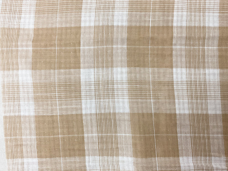 Beige-White Cotton Plaid-Gingham Double Gauze Woven Fabric