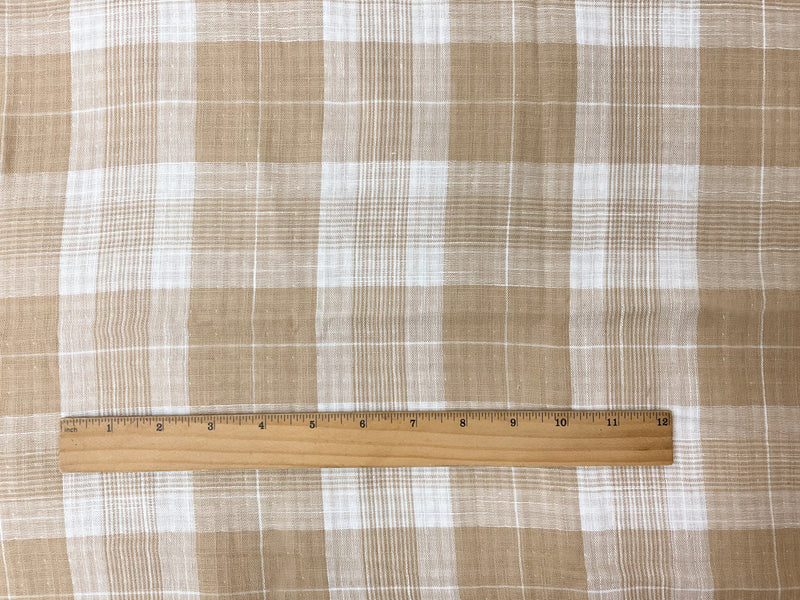 Beige-White Cotton Plaid-Gingham Double Gauze Woven Fabric