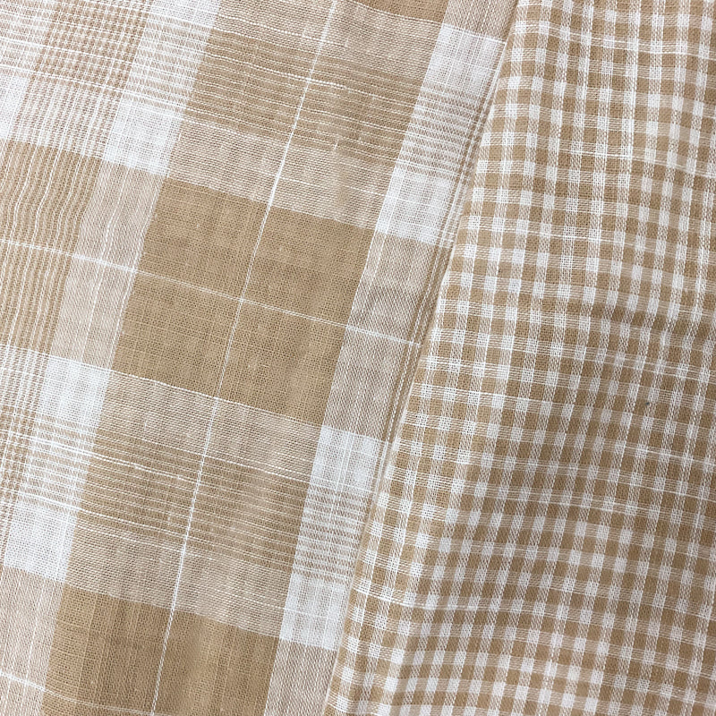 Beige-White Cotton Plaid-Gingham Double Gauze Woven Fabric