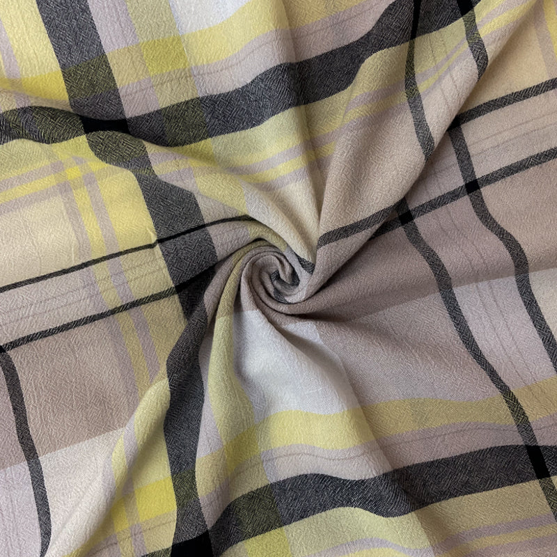 Beige-Yellow-Multi Rayon Plaid Twill Woven Fabric
