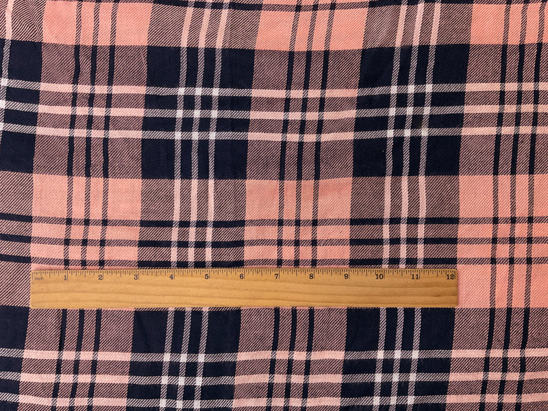 Navy-Coral-White Rayon Plaid Twill Woven Fabric