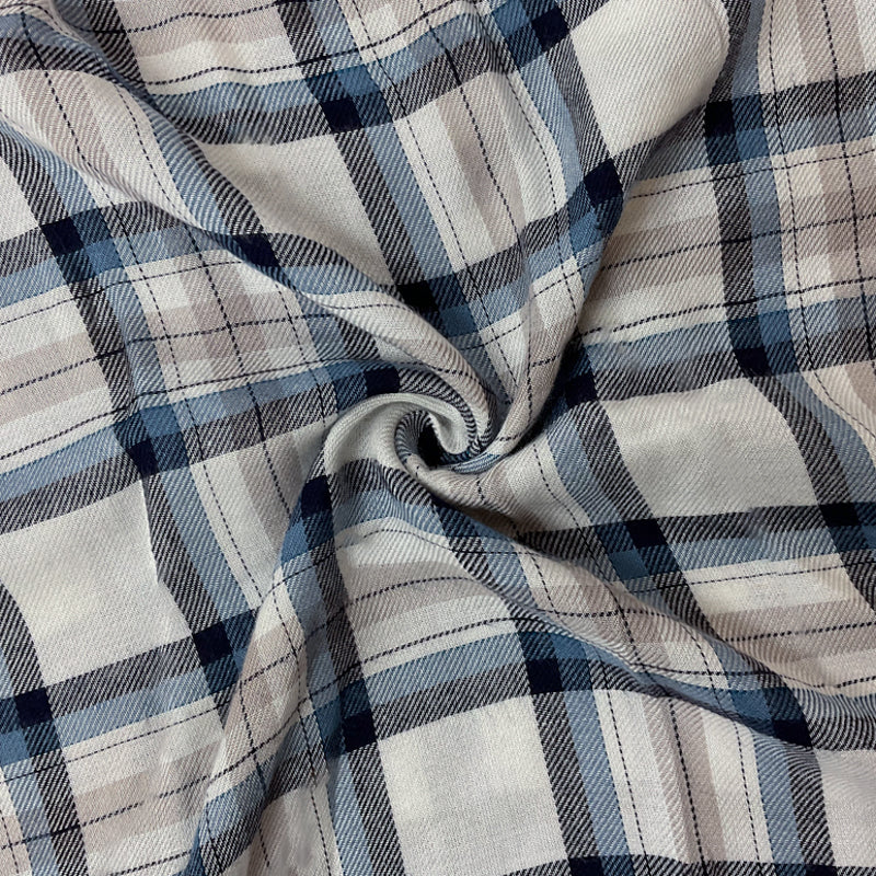 White-Blue-Multi Rayon Plaid Twill Woven Fabric