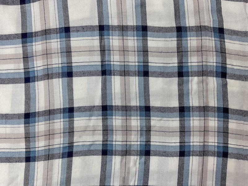 White-Blue-Multi Rayon Plaid Twill Woven Fabric