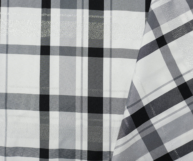 Black-White-Silver Poly Metallic Plaid Taffeta Woven Fabric