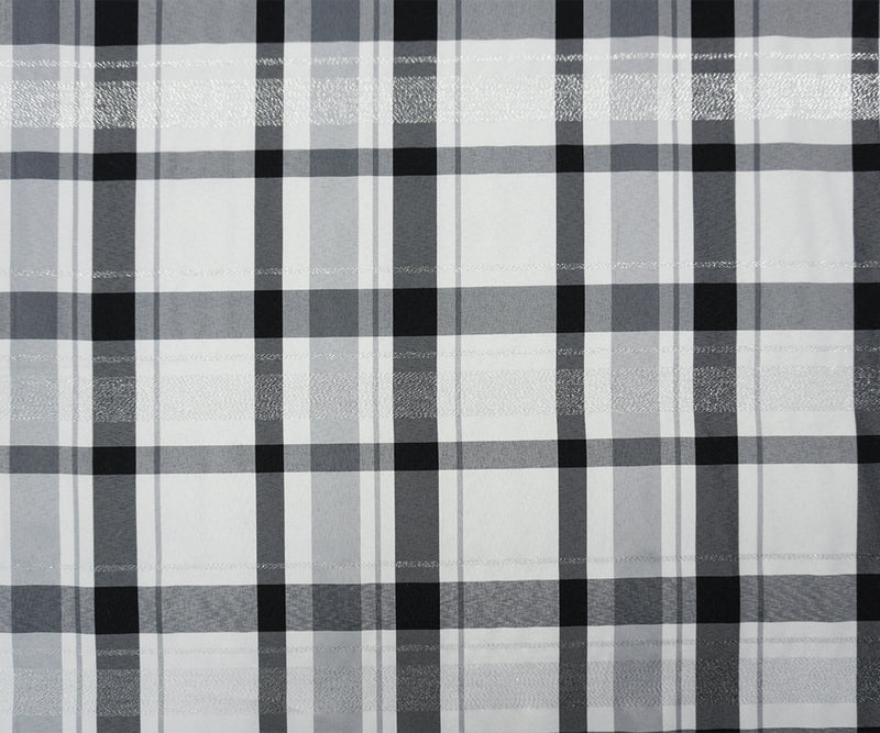 Black-White-Silver Poly Metallic Plaid Taffeta Woven Fabric
