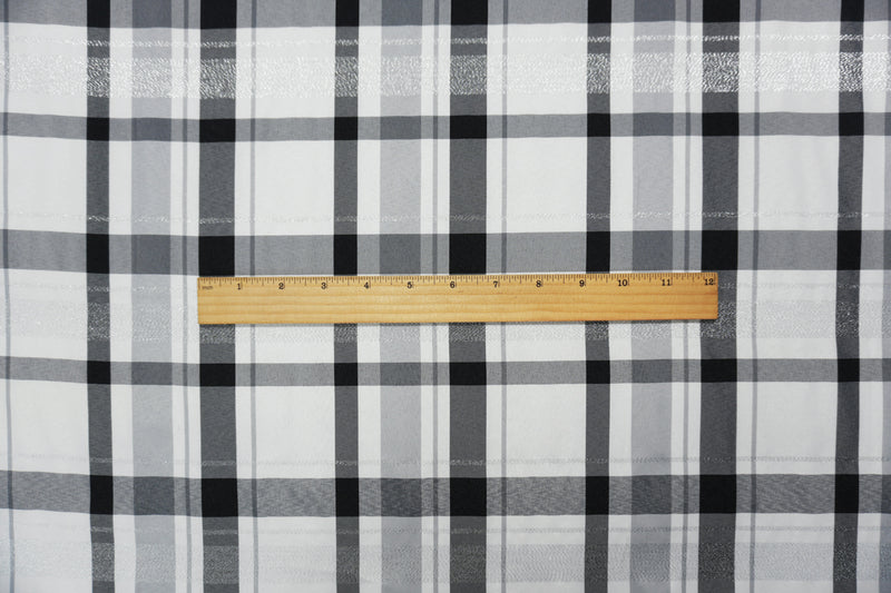 Black-White-Silver Poly Metallic Plaid Taffeta Woven Fabric