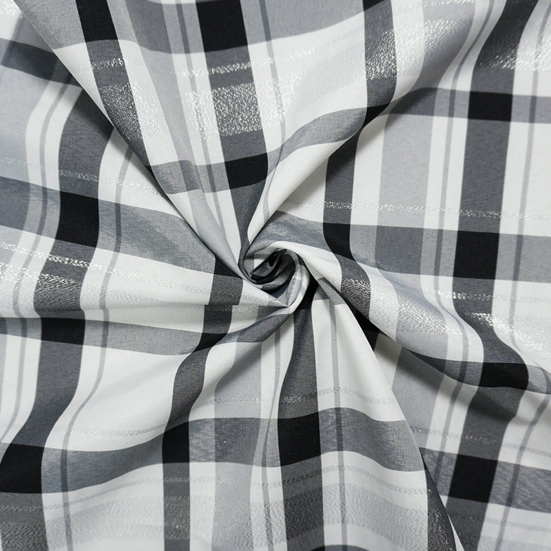 Black-White-Silver Poly Metallic Plaid Taffeta Woven Fabric