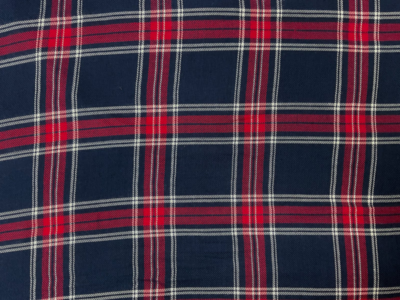Deep Blue-Red-White Rayon Plaid Twill Woven Fabric