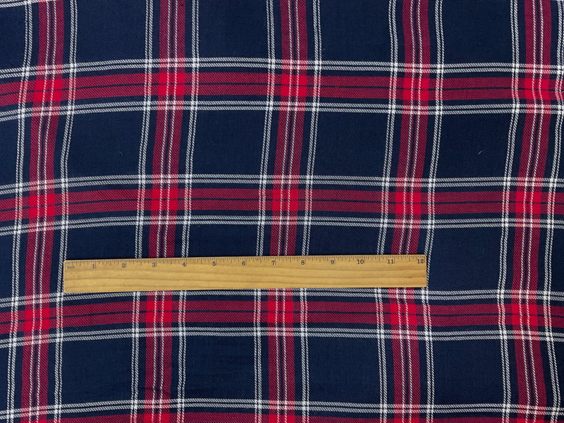 Deep Blue-Red-White Rayon Plaid Twill Woven Fabric