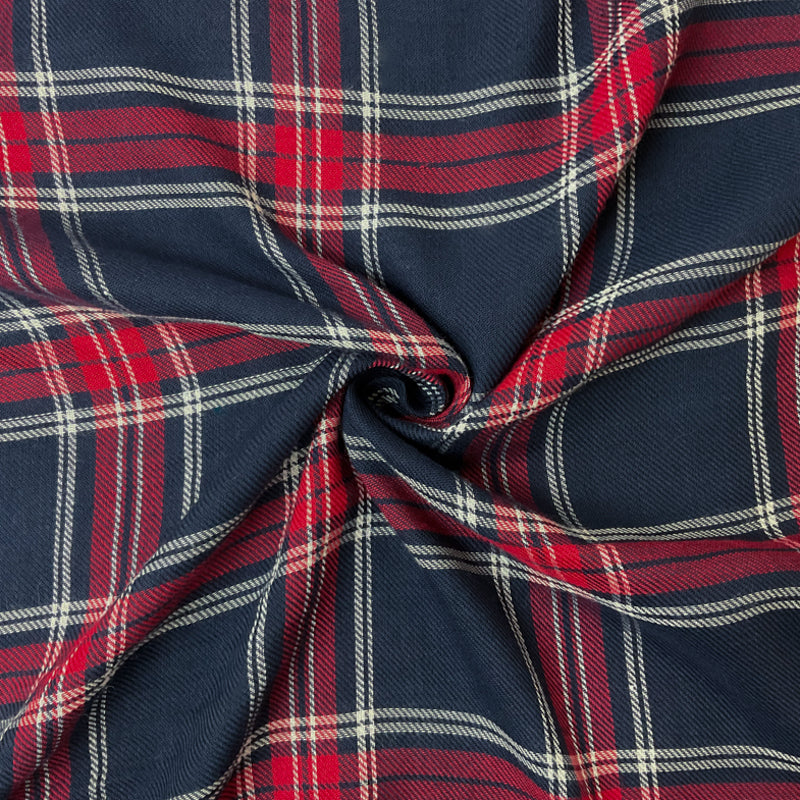 Deep Blue-Red-White Rayon Plaid Twill Woven Fabric