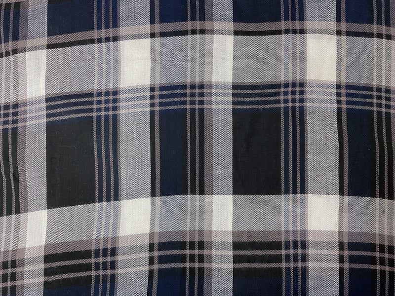 White-Black-Taupe Rayon Plaid Herringbone Twill Woven Fabric