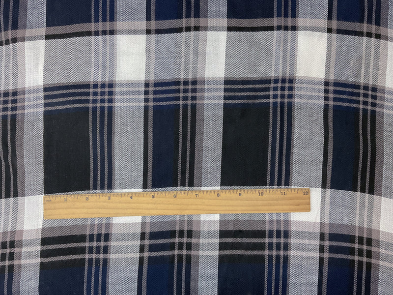 White-Black-Taupe Rayon Plaid Herringbone Twill Woven Fabric