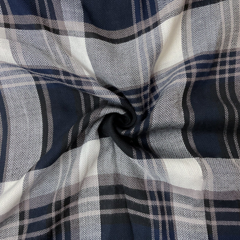 White-Black-Taupe Rayon Plaid Herringbone Twill Woven Fabric