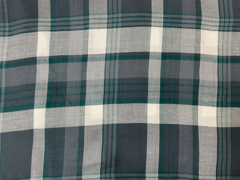 White-Green-Gray Rayon Plaid Herringbone Twill Woven Fabric