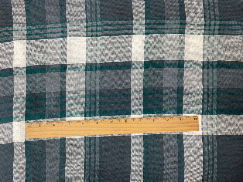 White-Green-Gray Rayon Plaid Herringbone Twill Woven Fabric