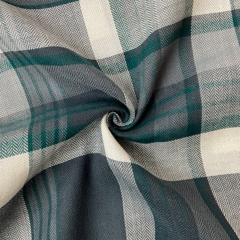 White-Green-Gray Rayon Plaid Herringbone Twill Woven Fabric
