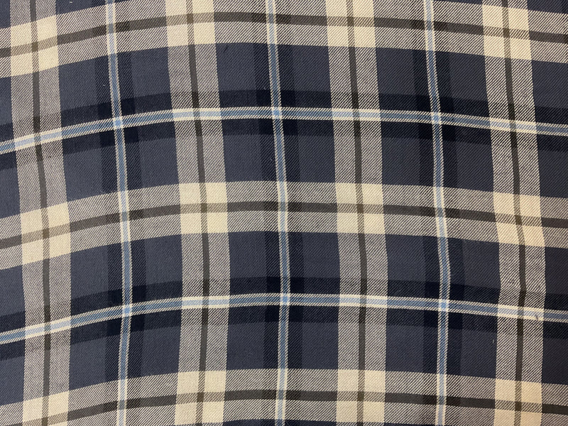 Blue-Off-White Rayon Plaid Twill Woven Fabric