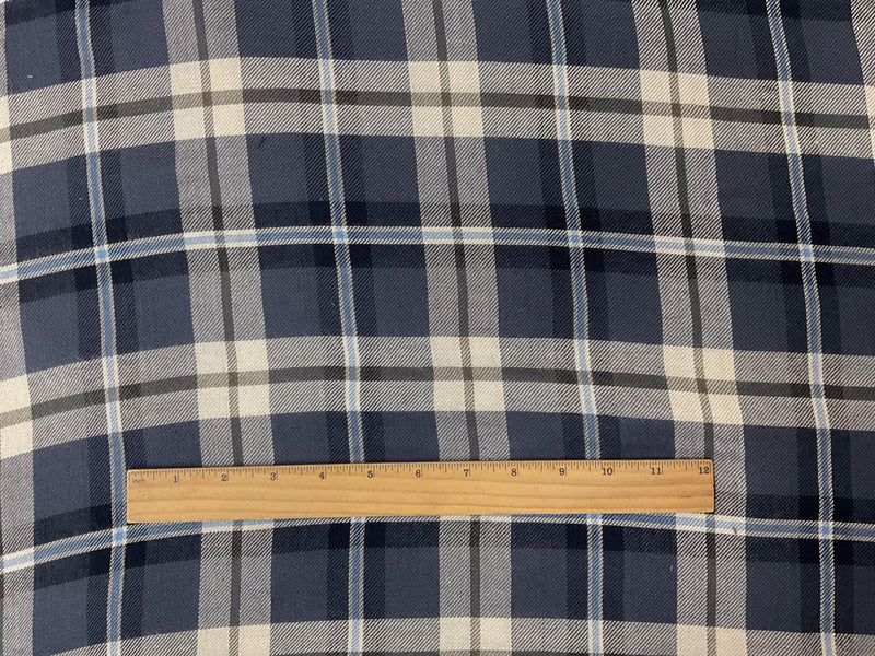 Blue-Off-White Rayon Plaid Twill Woven Fabric
