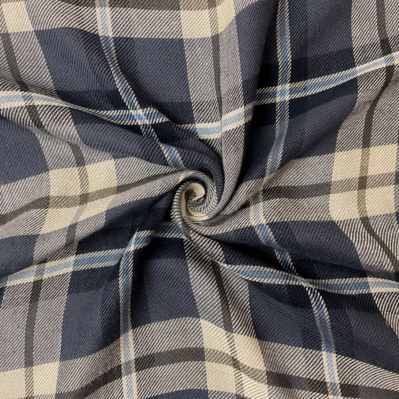 Blue-Off-White Rayon Plaid Twill Woven Fabric