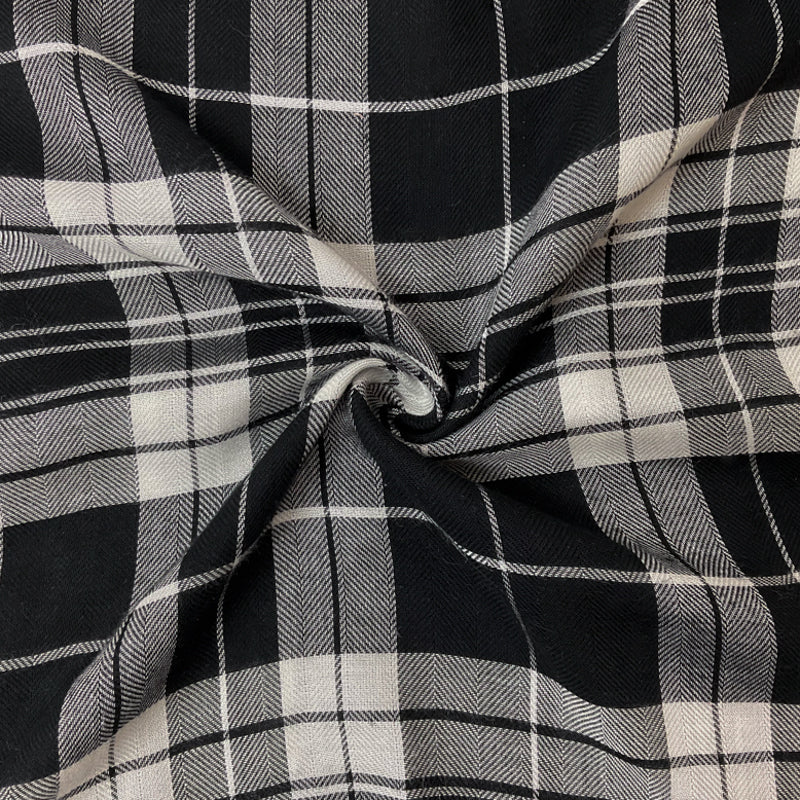 Black-White Rayon Plaid Herringbone Twill Woven Fabric