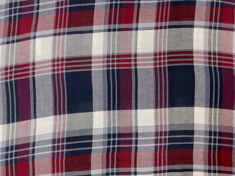 Red-Navy-White Rayon Plaid Herringbone Twill Woven Fabric