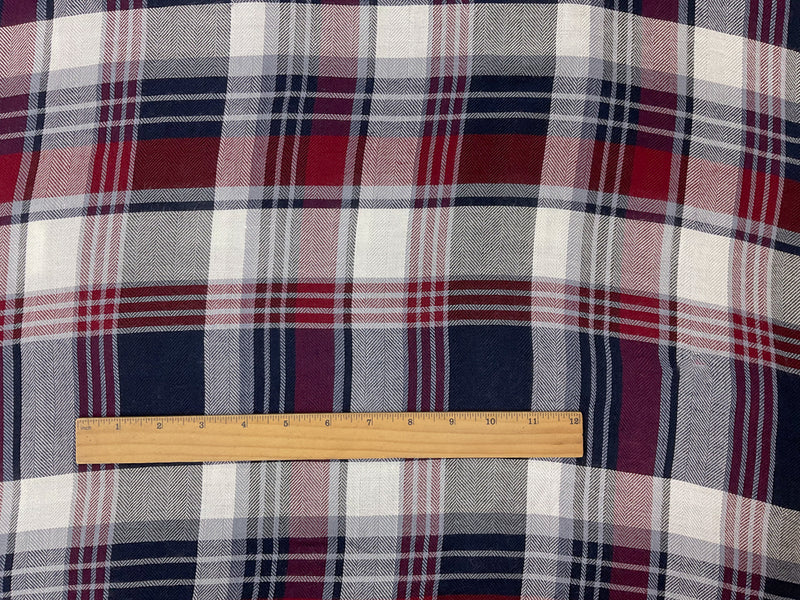 Red-Navy-White Rayon Plaid Herringbone Twill Woven Fabric