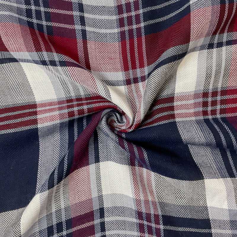Red-Navy-White Rayon Plaid Herringbone Twill Woven Fabric