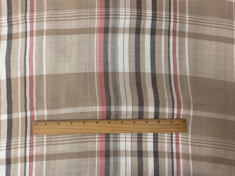 Brown-White-Multi Rayon Plaid Twill Woven Fabric