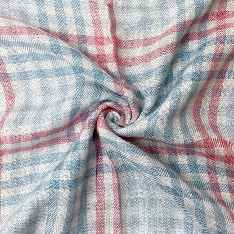Blue-Pink-White Rayon Check Twill Woven Fabric