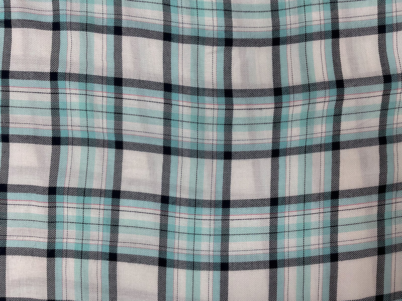 Teal-White-Multi Rayon Plaid Twill Woven Fabric
