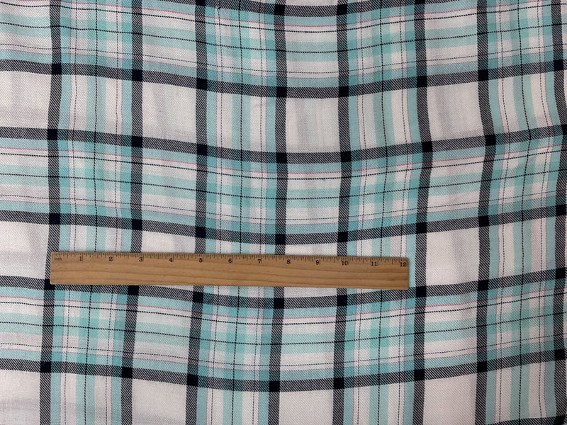 Teal-White-Multi Rayon Plaid Twill Woven Fabric