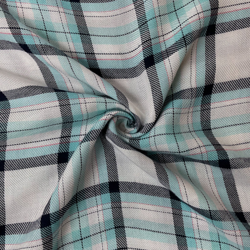 Teal-White-Multi Rayon Plaid Twill Woven Fabric