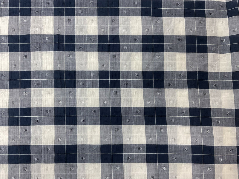 Deep Navy-White Cotton Spandex Check Dobby Woven Fabric