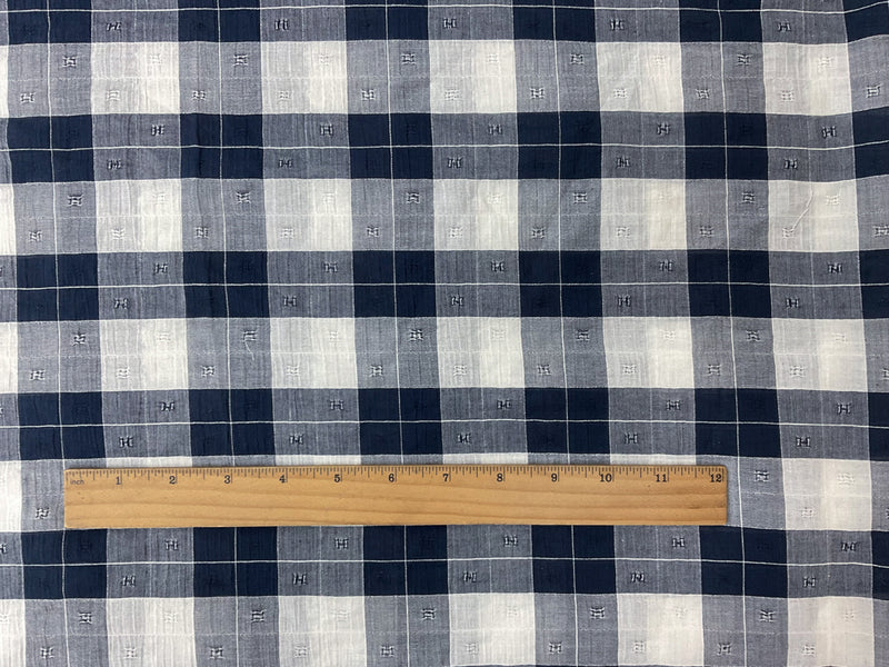 Deep Navy-White Cotton Spandex Check Dobby Woven Fabric
