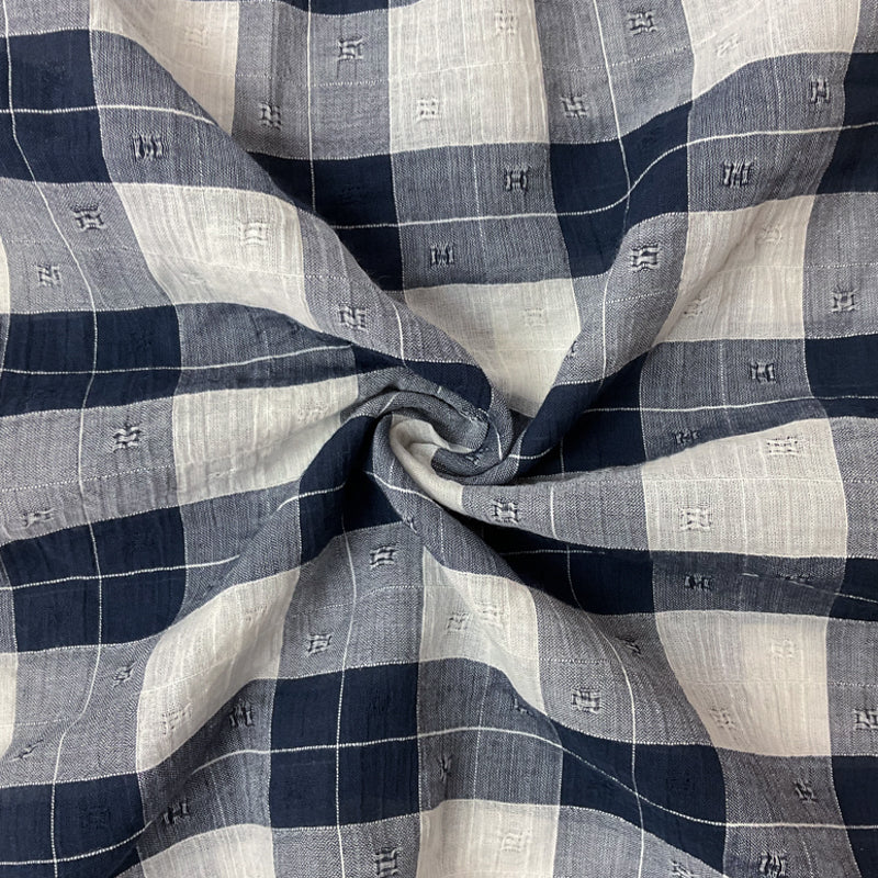 Deep Navy-White Cotton Spandex Check Dobby Woven Fabric