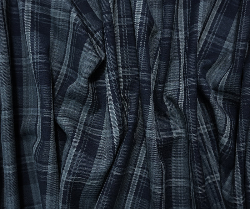 Navy-Gray Poly Rayon Spandex Stretch Plaid Twill Woven Fabric
