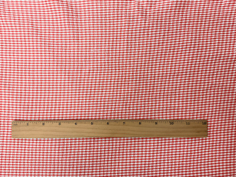 Red-White Poly Spandex Stretch Check-Stripe Crinkled Woven Fabric