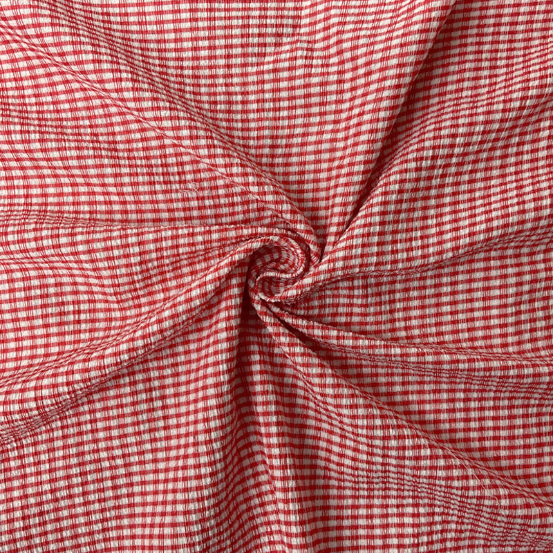 Red-White Poly Spandex Stretch Check-Stripe Crinkled Woven Fabric