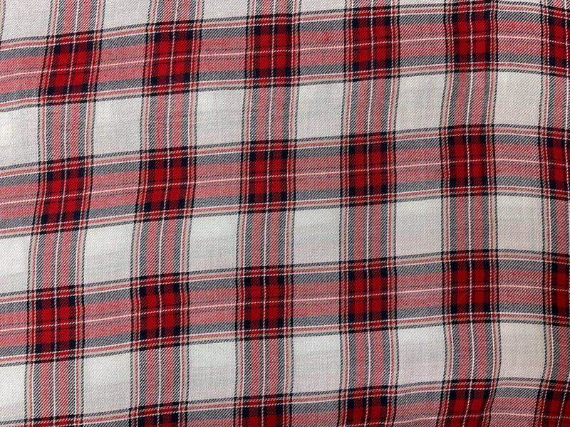 Red-Navy-White Rayon Plaid Twill Woven Fabric