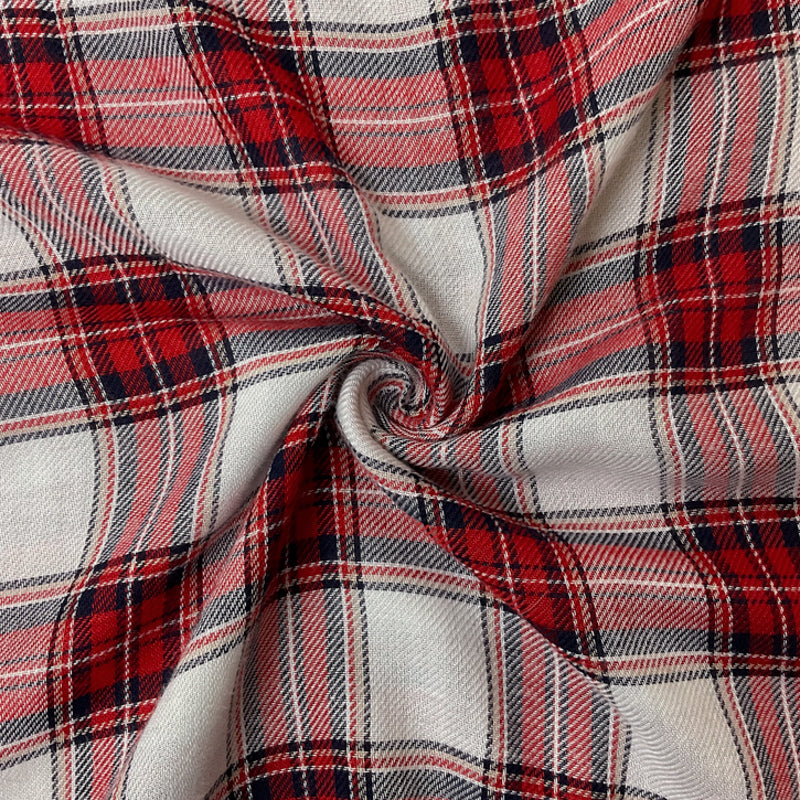 Red-Navy-White Rayon Plaid Twill Woven Fabric