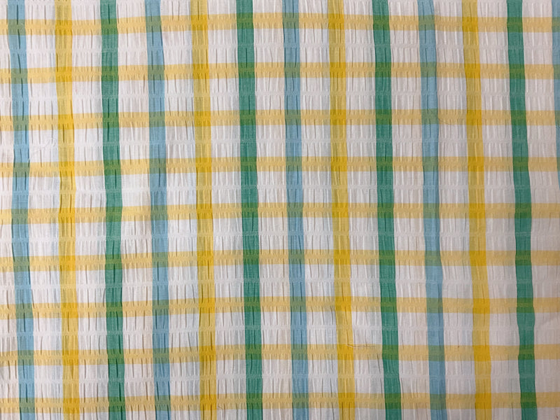 Yellow-White-Multi Cotton Plaid-Check Seersucker Woven Fabric