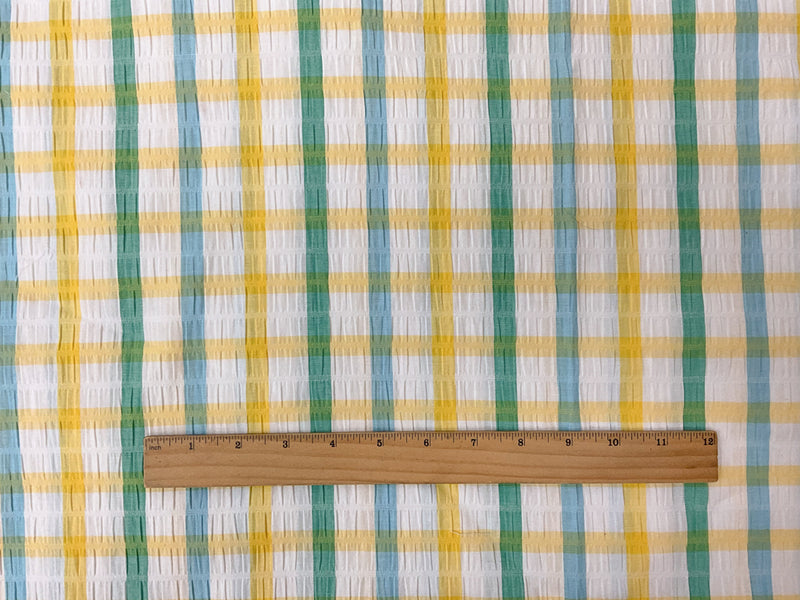Yellow-White-Multi Cotton Plaid-Check Seersucker Woven Fabric