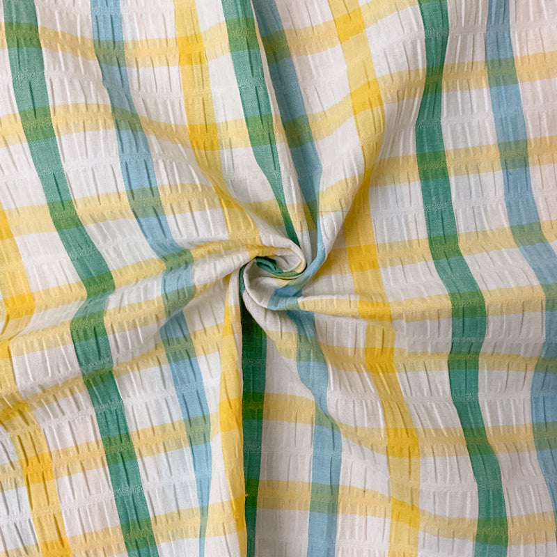 Yellow-White-Multi Cotton Plaid-Check Seersucker Woven Fabric
