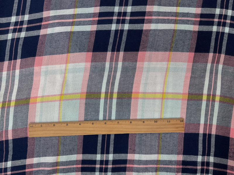 Blue-Pink-Multi Rayon Plaid Twill Woven Fabric