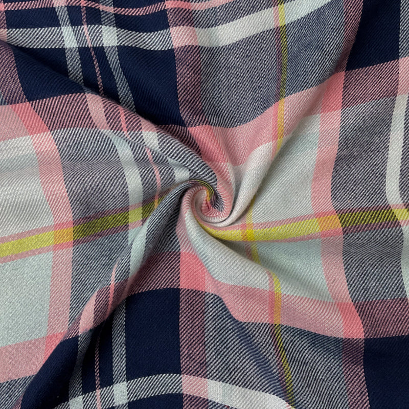 Blue-Pink-Multi Rayon Plaid Twill Woven Fabric