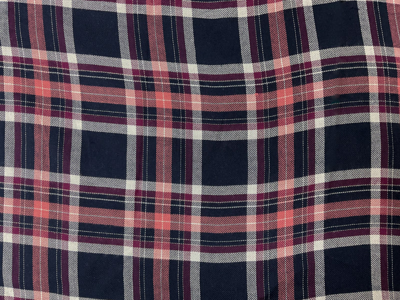 Navy Blue-Pink-Purple-White Rayon Plaid Twill Woven Fabric