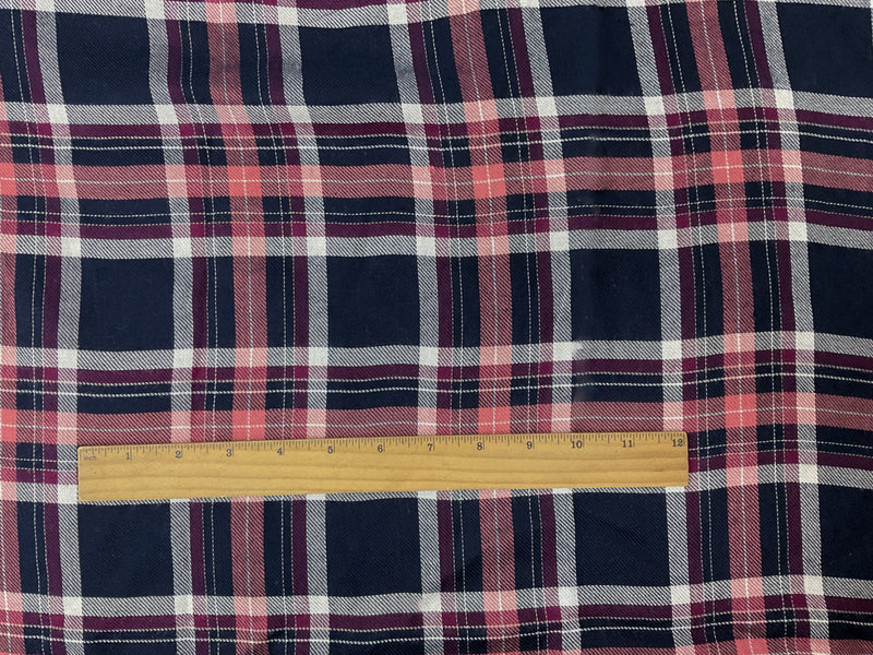 Navy Blue-Pink-Purple-White Rayon Plaid Twill Woven Fabric