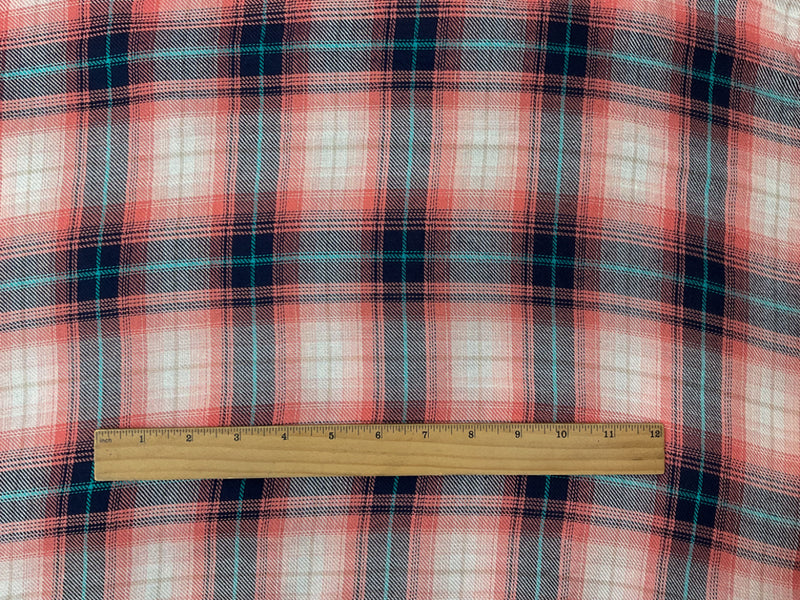 Coral-Navy-Multi Rayon Plaid Twill Woven Fabric