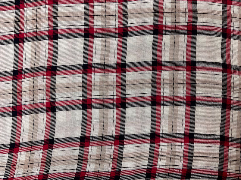 Red-White-Multi Rayon Plaid Twill Woven Fabric