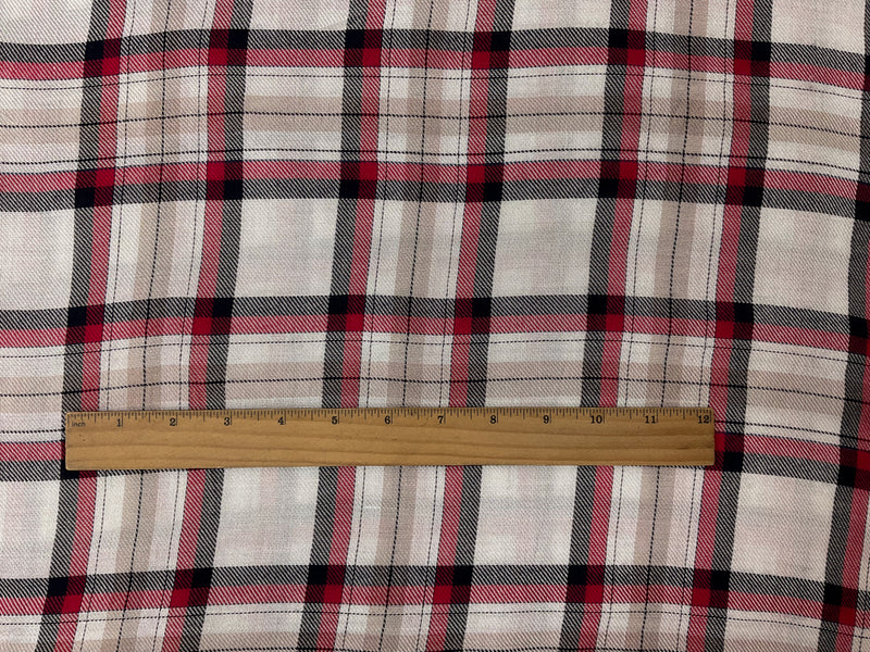 Red-White-Multi Rayon Plaid Twill Woven Fabric
